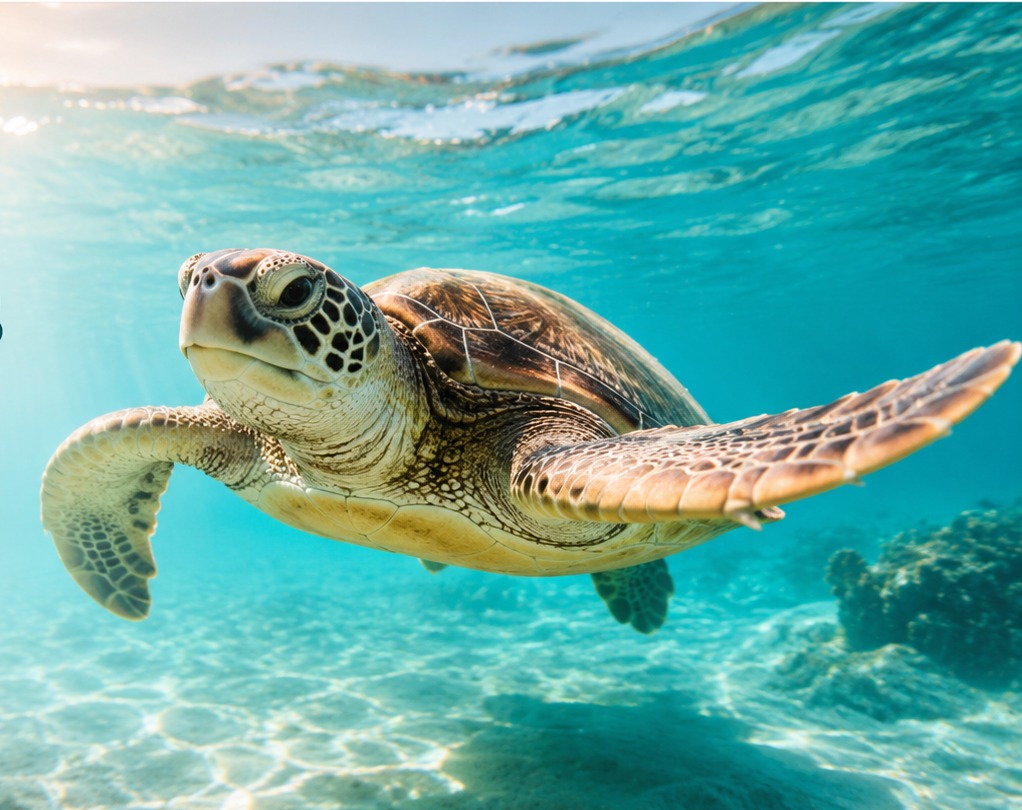 Sea turtle swimming through clear Caribbean water